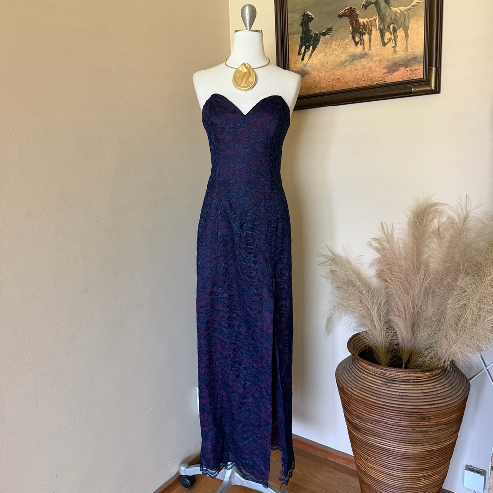 Strapless Navy and Plum Lace Evening Gown